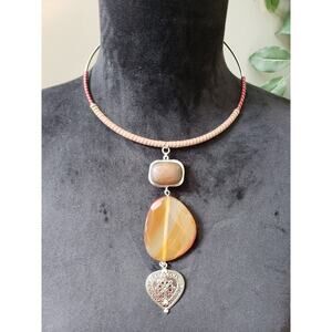 Women's Tribal Pendant Choker Necklace Lobster Clasp Wood Agate Heart